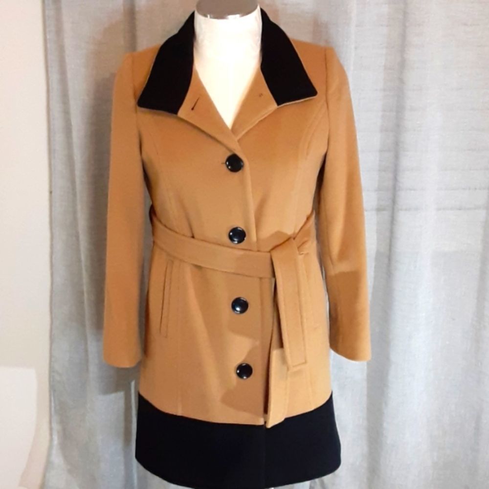 Dana Buchman Color Block Wool & Cashmere Belted Trench Coat